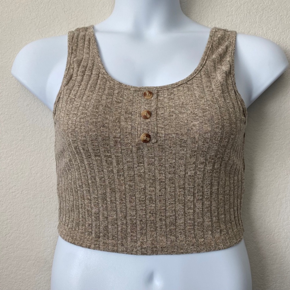 Womens Heather Tan Ribbed Henley Crop Tank Top Size L Scoop Neck Y2K Stretch